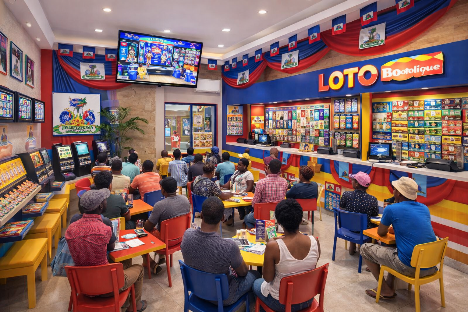 Boutique de loterie avec clients regardant les tirages en direct
